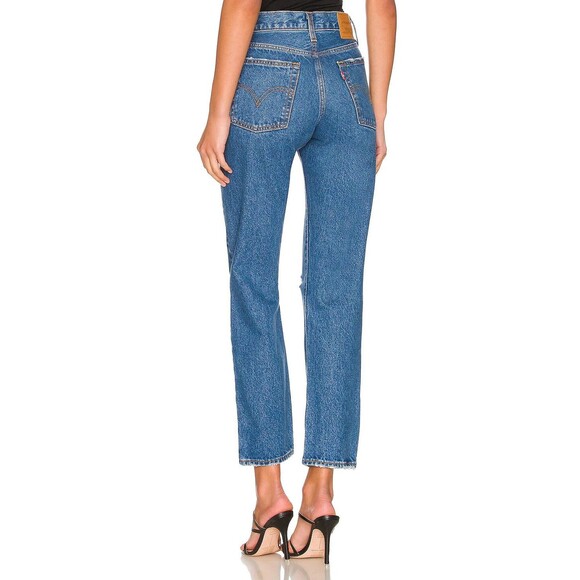 Levis Premium Womens Wedgie Straight Denim Jeans Dark Blue High Rise Button Fly - Picture 3 of 9